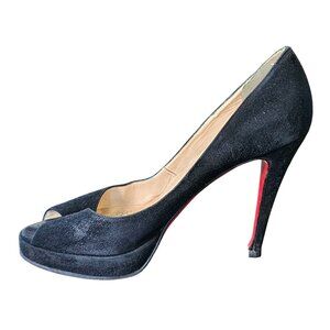 Christian Louboutin Peep-Toe Black Suede Platform Heels Red Womens Shoes Sz 39.5